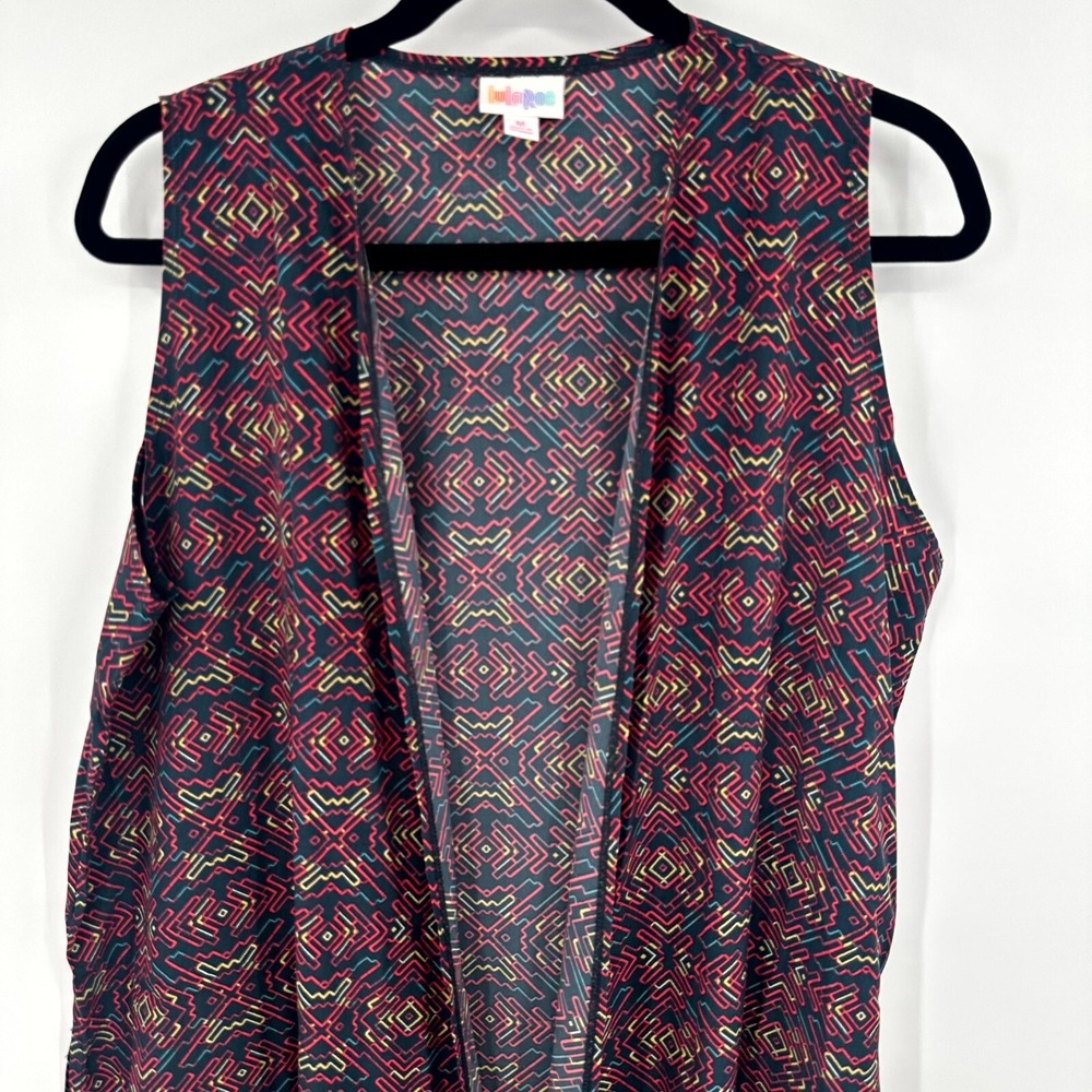 Lularoe Duster Cardigan Womens Medium Multicolor Geo Print Sleeveless Open Front